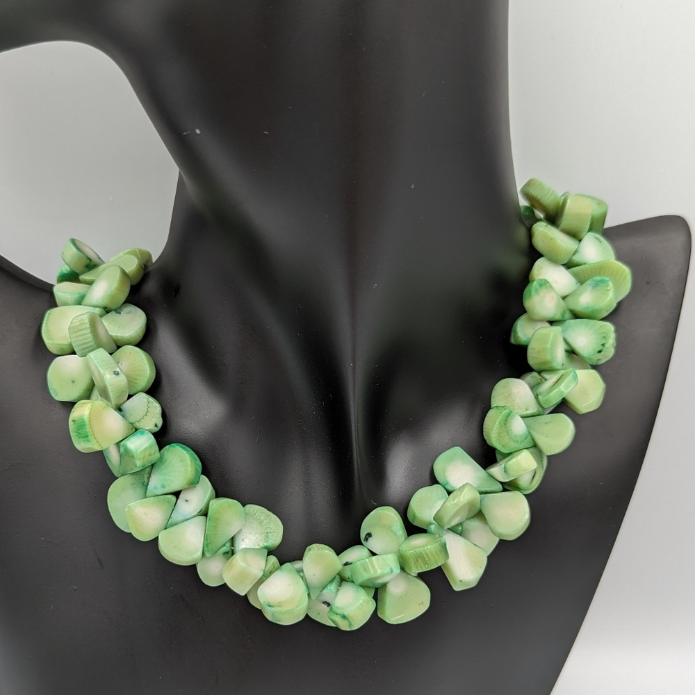 Dyed green Coral brads necklace with sterling silver clasp
